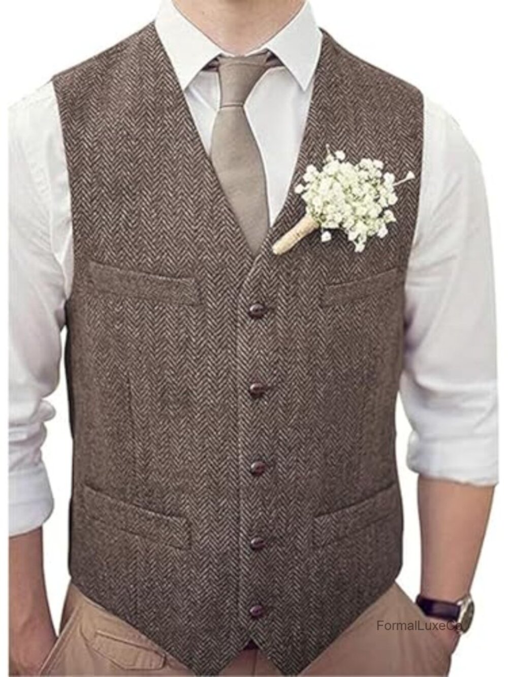 Men's Vintage Herringbone Tweed Suit Vest Slim Fit Sleeveless Waistcoat